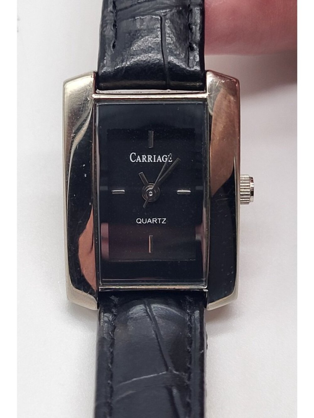 Carriage by Timex Silver Tone Rectangle Case Women's Watch Black Leather Band